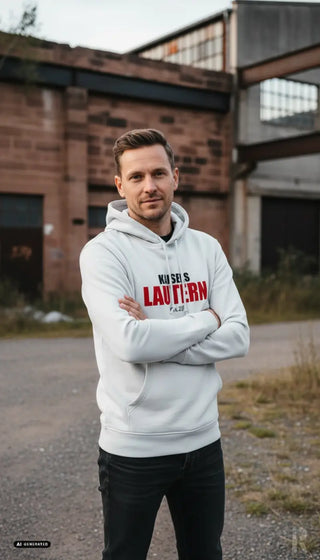 Weißes männer hoodie kaisers lautern mit auffälligem rot schwarzem schriftzug auf der brust