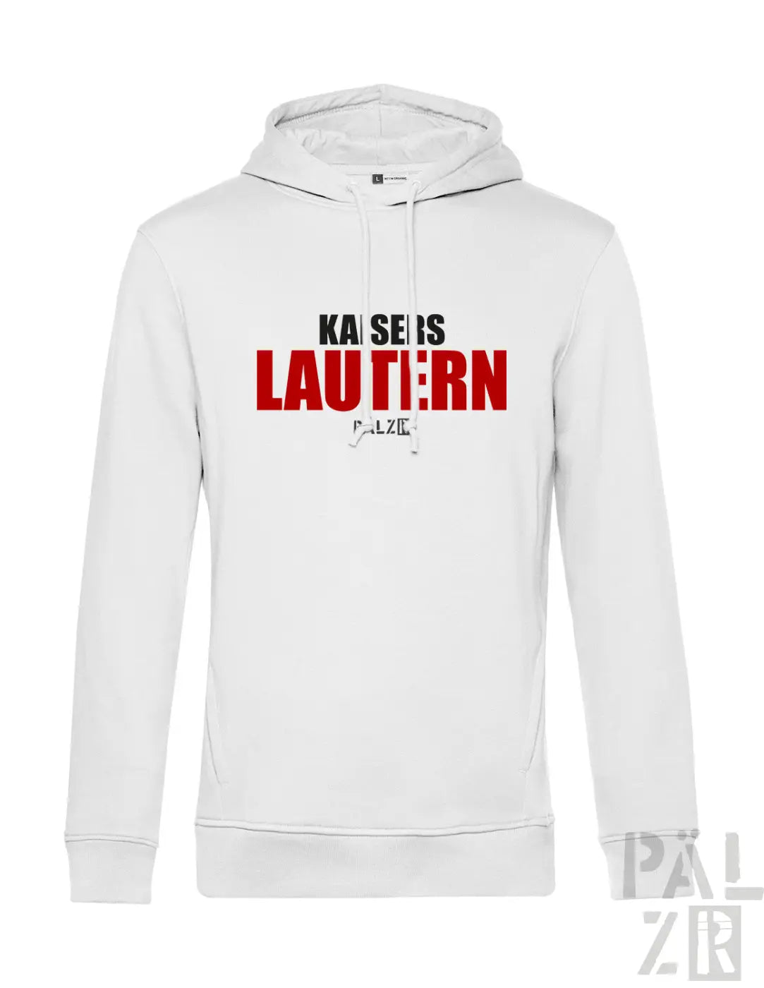 Weißes männer hoodie kaisers lautern mit auffälligem rot schwarzem schriftzug auf der vorderseite