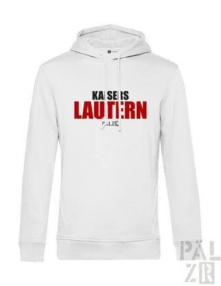 Weißes männer hoodie kaisers lautern mit auffälligem rot schwarzem schriftzug auf der vorderseite