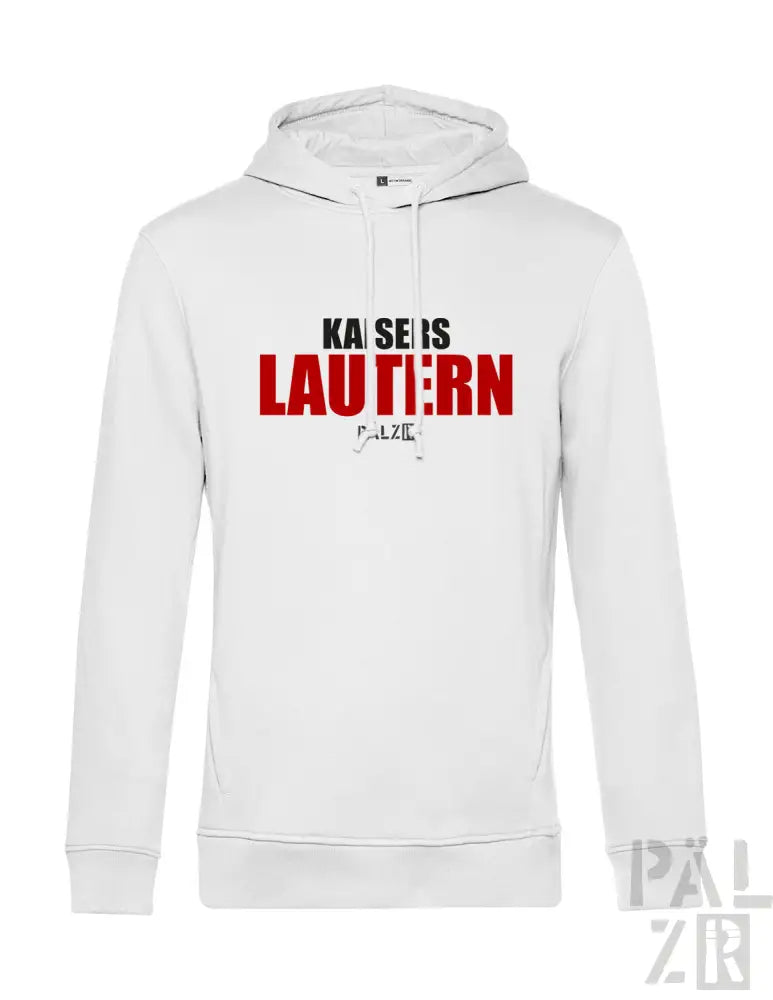 Weiße Hoodie mit rot-schwarzem Textdesign, das ’kaise is lautern’ in fetten Buchstaben zeigt.
