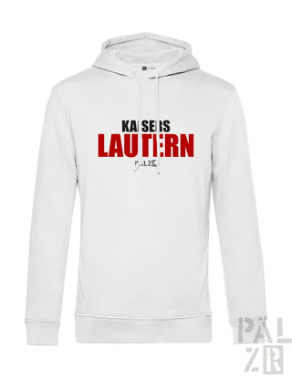 Weiße Hoodie mit rot-schwarzem Textdesign, das ’kaise is lautern’ in fetten Buchstaben zeigt.