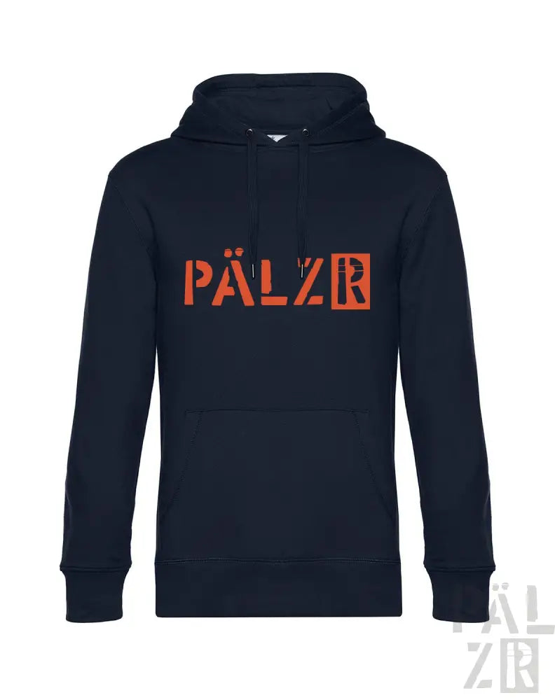 Marineblaue Kapuzenjacke mit orangem „pälzr“-Logo und Kordelkapuze.