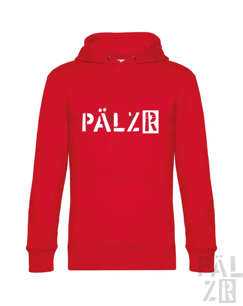 Roter Hoodie mit weißem ‚pälzr‘-Logo, aus Fleece-Material.