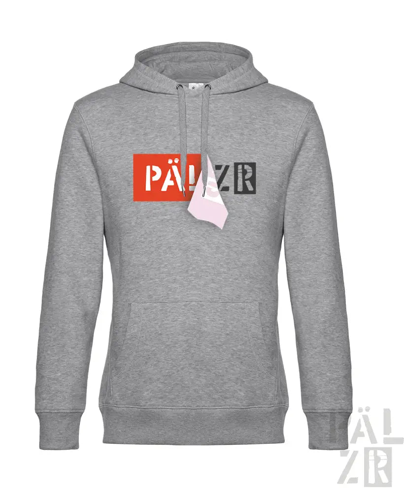 Grauer Hoodie mit ’pälzr’-Logo in Rot und Schwarz, Kapuze mit Kordelzug.