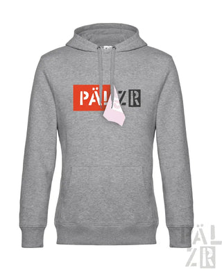 Grauer Hoodie mit ’pälzr’-Logo in Rot und Schwarz, Kapuze mit Kordelzug.