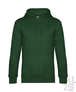 Dunkelgrüner Hoodie mit Kordelzügen und Kapuze, aus Fleece-Material gefertigt.