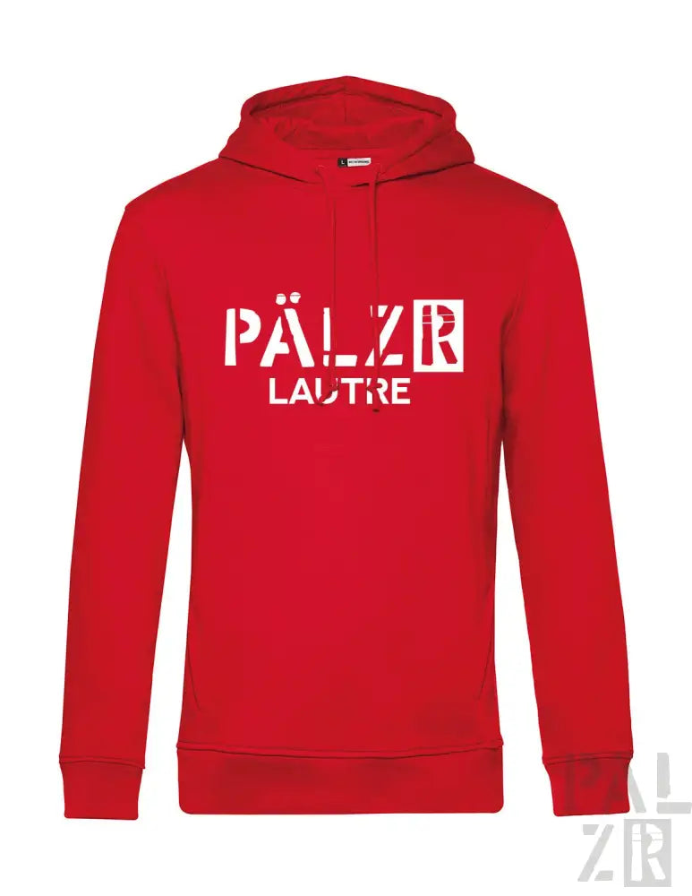 Rotes Hoodie mit ‘pälzr lautre’ Textdesign, aus Baumwoll- und Polyester-Mischung.