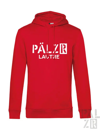 Rotes Hoodie mit ‘pälzr lautre’ Textdesign, aus Baumwoll- und Polyester-Mischung.