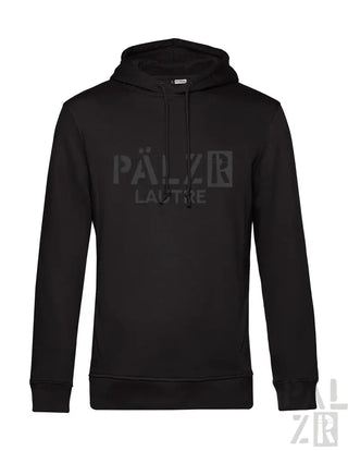 Schwarze Kapuzenjacke mit Text ’palzr lactie’ und Logodesign.