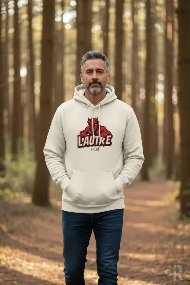 Creme-Farbenes Hoodie mit rot-schwarzem Design, ’lautre’ Text, weiße Kordelzüge.