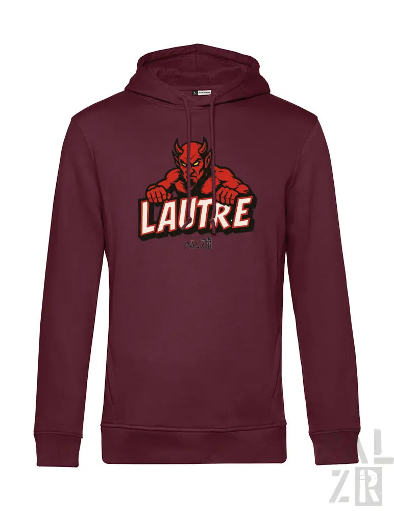 Bordeaux-Kapuzenpullover mit Teufel-Design und ’lautre’-Text in Weiß.