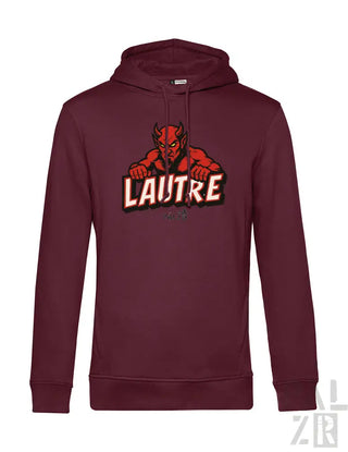 Bordeaux-Kapuzenpullover mit Teufel-Design und ’lautre’-Text in Weiß.