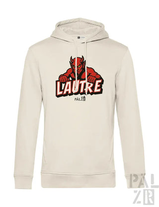 Creme-farbene Hoodie mit rotem Teufel-Grafik und ’l’autre’-Textdesign.