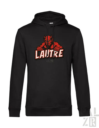 Schwarze Hoodie mit Teufel-Design und ’lautre’-Text in Weiß.