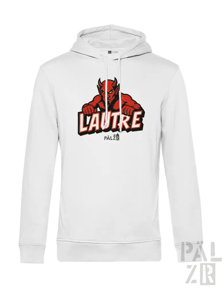 Weiße Kapuzenjacke mit rotem Teufel-Design und Text ’l’autre’ auf der Vorderseite.