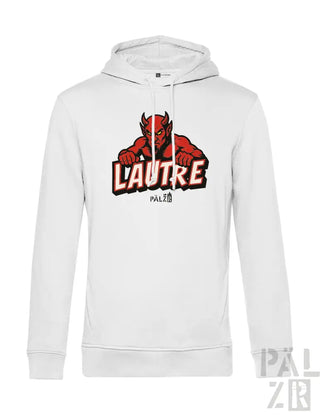 Weiße Kapuzenjacke mit rotem Teufel-Design und Text ’l’autre’ auf der Vorderseite.