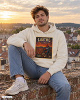 Männer hoodie in creme mit vintage lautre urban artprint und grafik eines roten hutes vor sonnenuntergang
