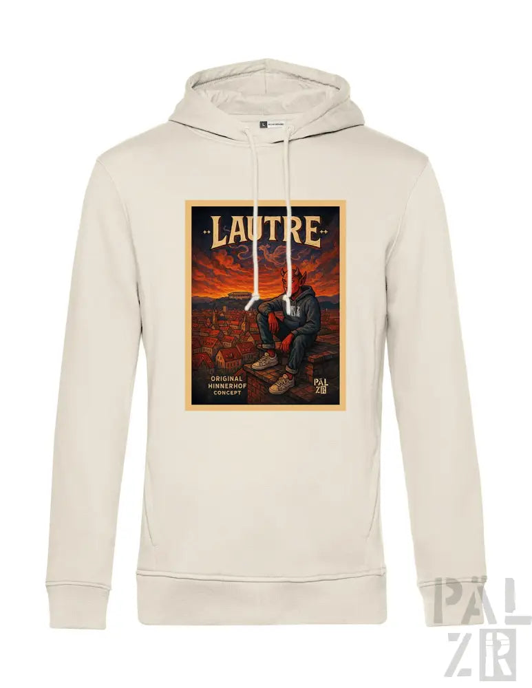 Cremeweiße Kapuzenjacke mit Grafikdesign, das einen Mann und eine Stadtlandschaft zeigt, wahrscheinlich aus Baumwolle oder Polyester-Mischung gefertigt.