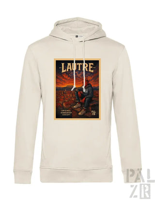 Cremeweiße Kapuzenjacke mit Grafikdesign, das einen Mann und eine Stadtlandschaft zeigt, wahrscheinlich aus Baumwolle oder Polyester-Mischung gefertigt.