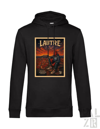 Schwarzer Hoodie mit ’lautre’ Grafikdesign, das eine sitzende Figur und einen Sonnenuntergangshintergrund zeigt.