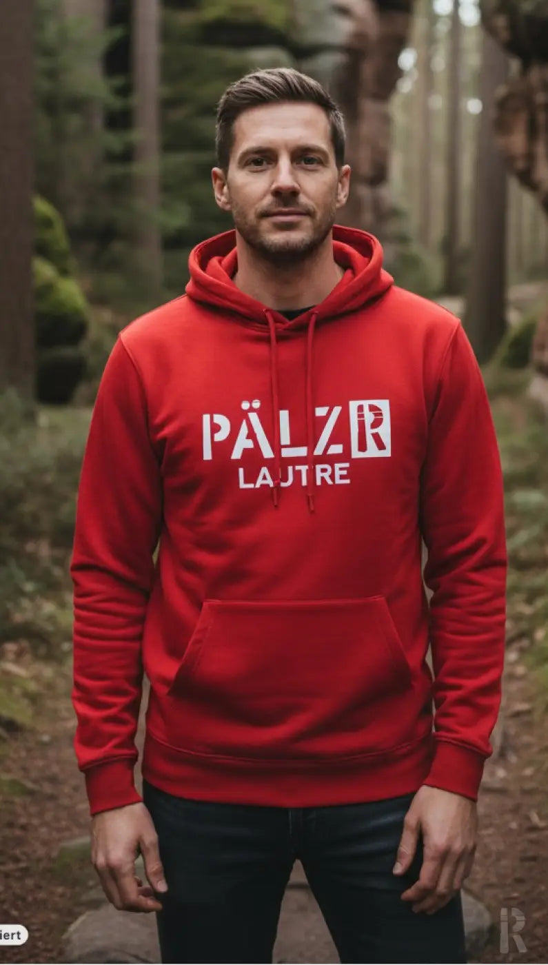 Ein vibranter roter hoodie für männer mit weißem pälzr lautre logo auf der brust verschiedene farben verfügbar