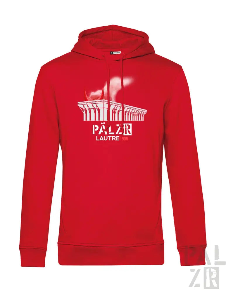 Roter Hoodie mit weißem Grafikdesign, das eine Brücke und den Text „pälzr lautrein“ zeigt