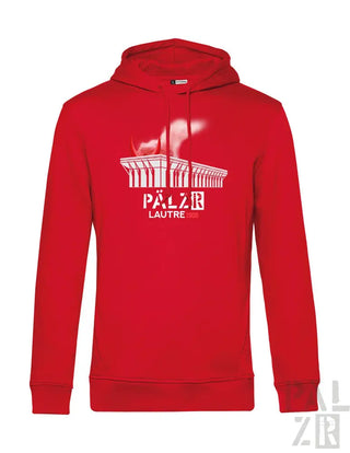 Roter Hoodie mit weißem Grafikdesign, das eine Brücke und den Text „pälzr lautrein“ zeigt