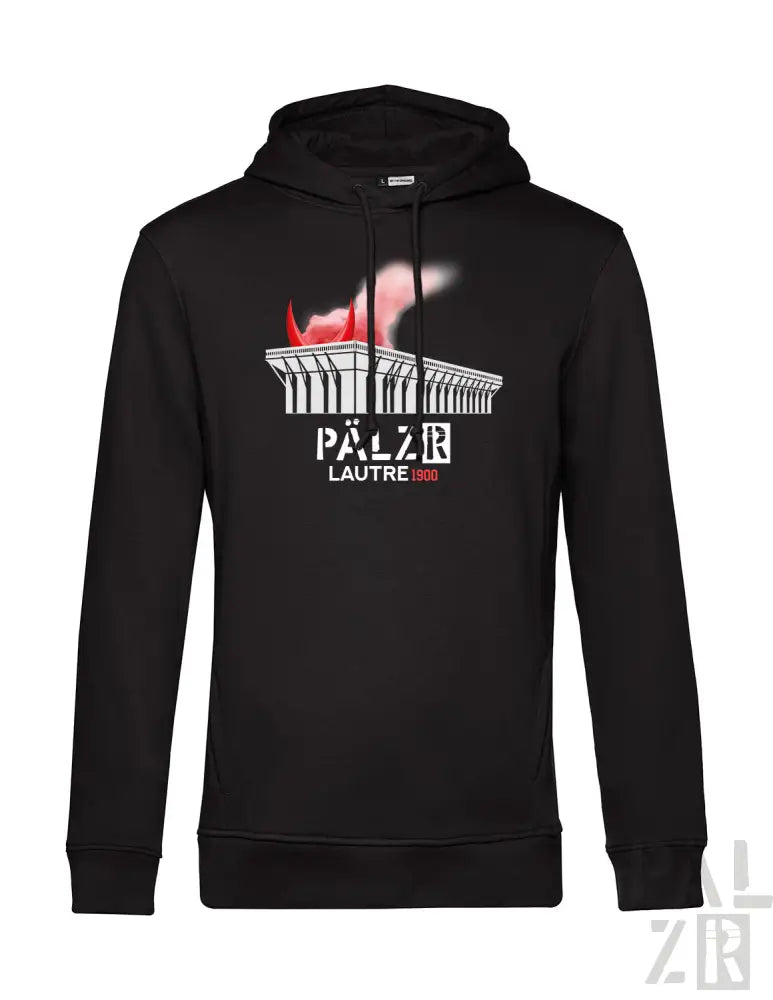 Schwarzes Hoodie mit Flammen-Design und Text „pälzr lautre 2023“ auf der Vorderseite.