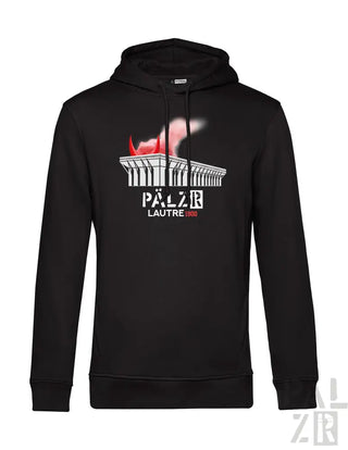 Schwarzes Hoodie mit Flammen-Design und Text „pälzr lautre 2023“ auf der Vorderseite.