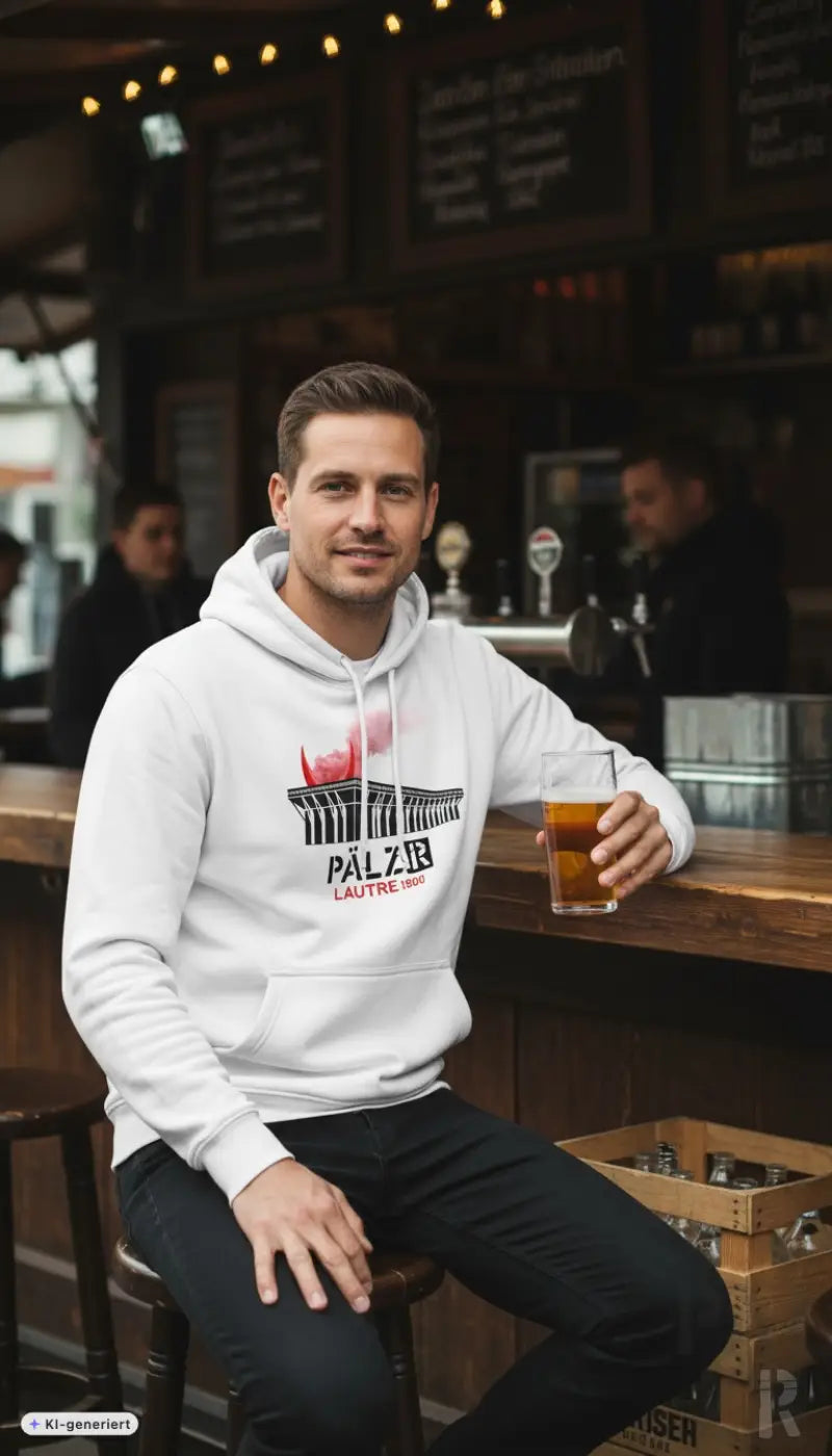 Weißer herren hoodie mit rotem und schwarzem architekturmuster und text palzib lautre 1907 im lautre1900 design