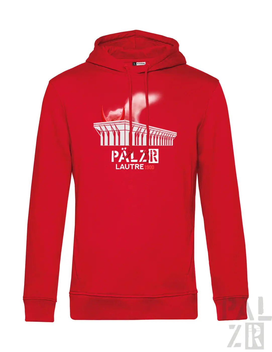 Roter herren hoodie lautre1900 mit weißem palais lausanne motiv und pälzir lautre 1908 schriftzug auf der brustspan