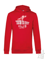Roter herren hoodie lautre1900 mit weißem palais lausanne motiv und pälzir lautre 1908 schriftzug auf der brustspan