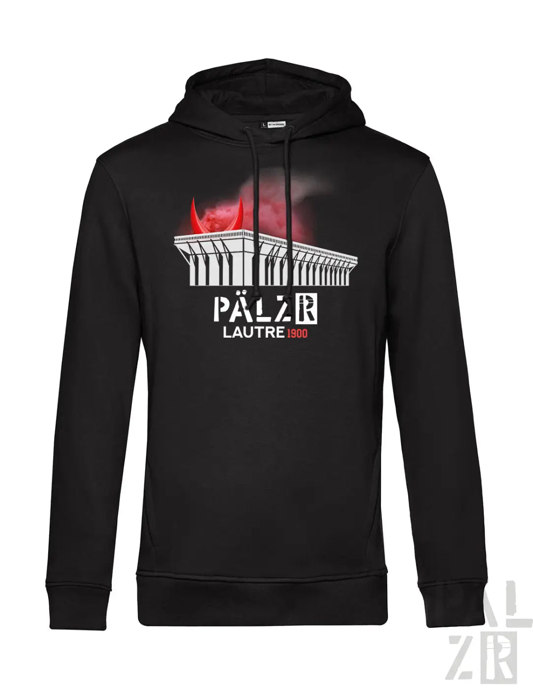 Schwarzer männer hoodie lautre1900 mit palais lausanne grafik in rot und weiß und fettem schriftzug darunter