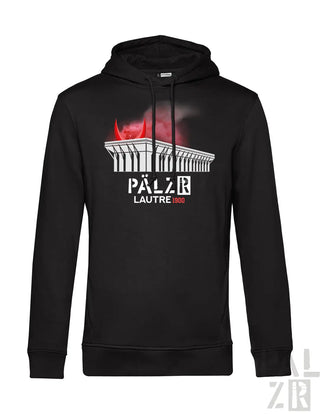 Schwarzer männer hoodie lautre1900 mit palais lausanne grafik in rot und weiß und fettem schriftzug darunter