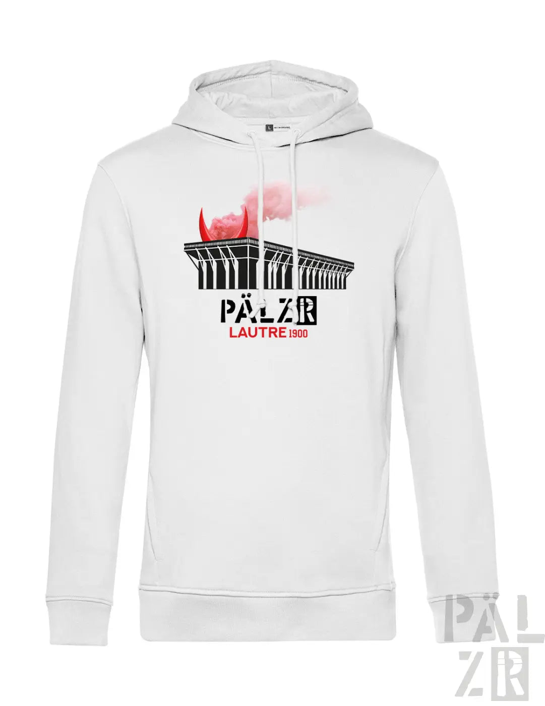 Weißer männer hoodie mit grafik eines gebäudes mit roten hörnern und rauch sowie text pälzr lautre 1900