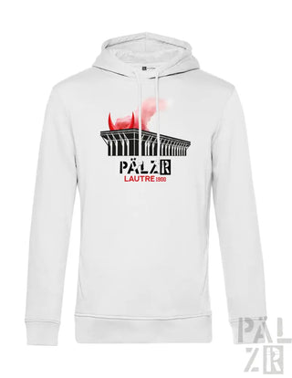 Weiße Kapuzenjacke mit schwarz-roter Gestaltung, die eine Stadionsilhouette zeigt.