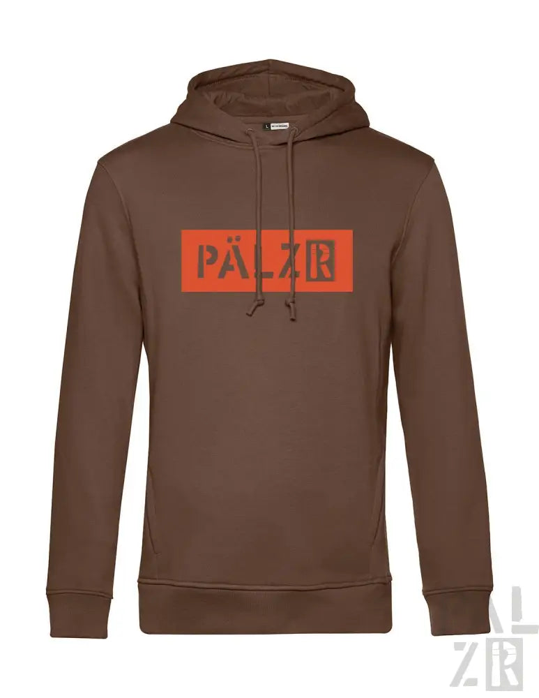 Brauner Hoodie mit ’pälzb’-Logo in orange-schwarzem Design, aus Baumwolle.