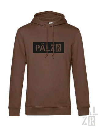 Braunes Hoodie mit ’pälzr’-Logo in Schwarz auf der Vorderseite und den Ärmeln.