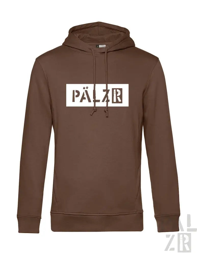 Brauner Hoodie mit ’pälzr’-Logo in Weiß auf der Vorderseite.