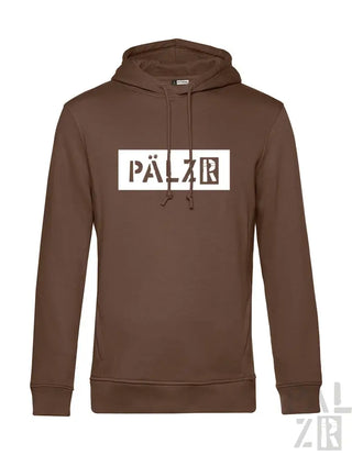 Brauner Hoodie mit ’pälzr’-Logo in Weiß auf der Vorderseite.