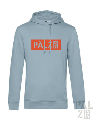 Hellblaues Hoodie mit ’pälzb’-Logo in orange-weißer Gestaltung, hergestellt aus weichem Baumwollmaterial.