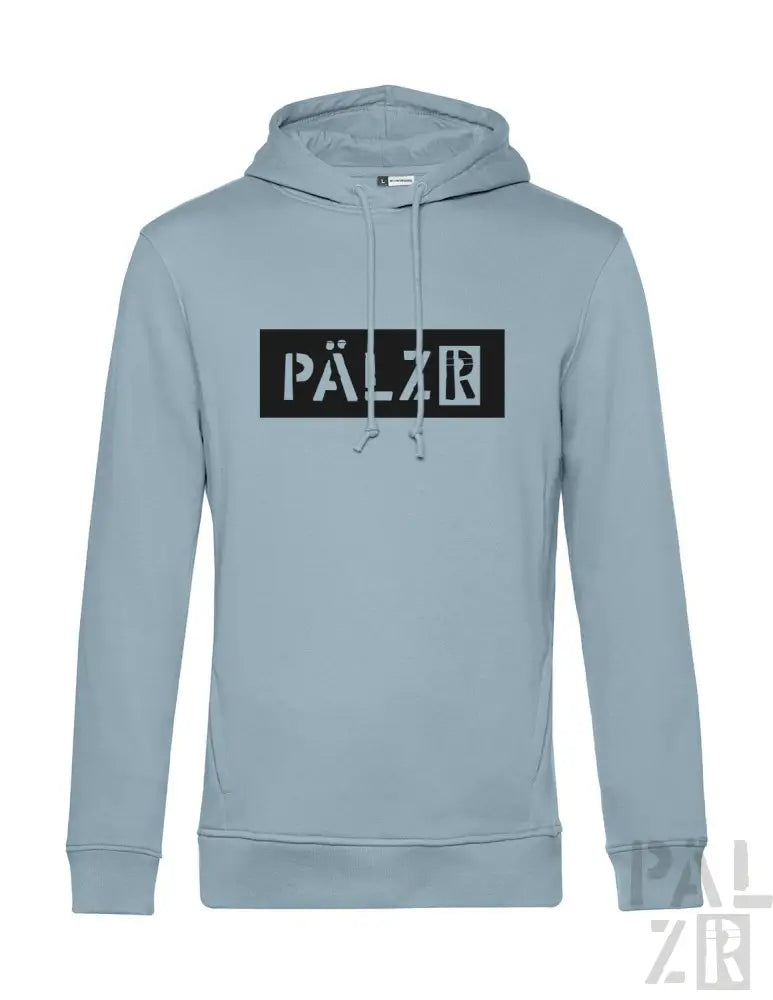 Graue Hoodie mit schwarzem ’pälzr’-Logo und weißem Text auf der Vorderseite, Material aus Kapuzenschweißshirt.