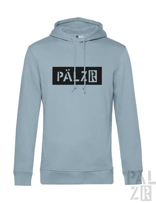 Graue Hoodie mit schwarzem ’pälzr’-Logo und weißem Text auf der Vorderseite, Material aus Kapuzenschweißshirt.