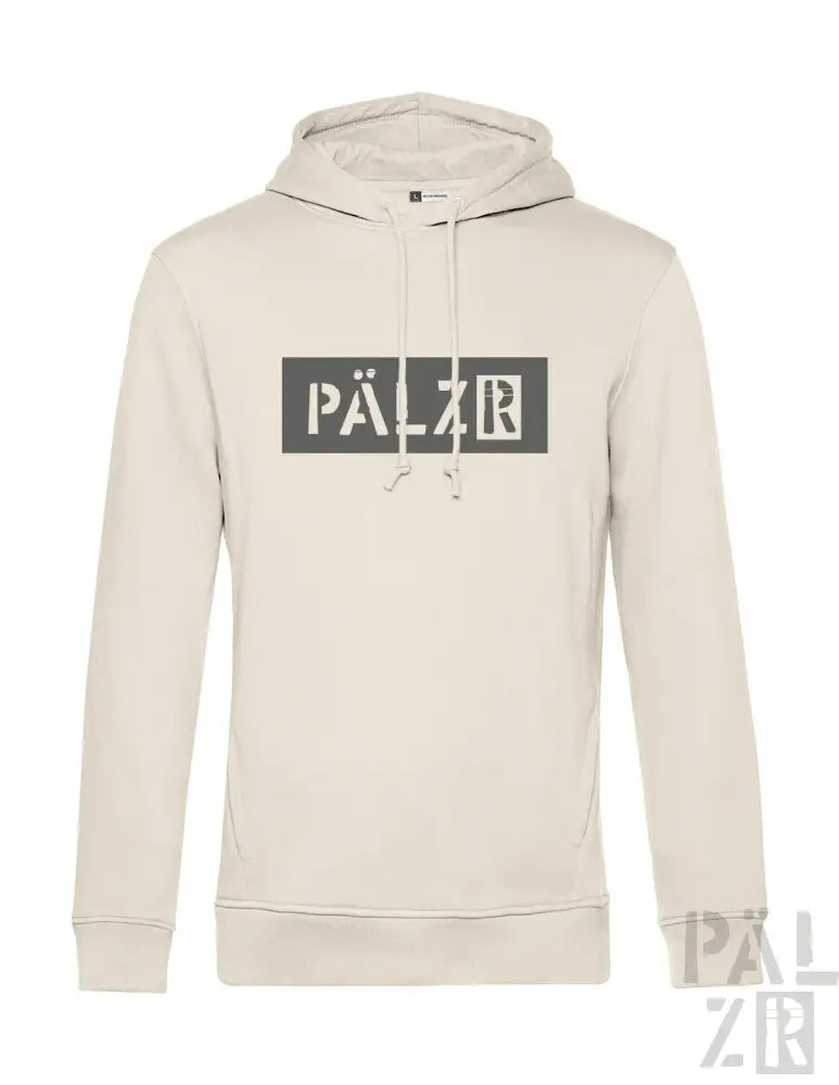 Cremeweiße Hoodie mit ’pälzr’-Logo in Schwarz-Box-Design.
