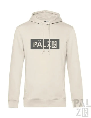 Cremeweiße Hoodie mit ’pälzr’-Logo in Schwarz-Box-Design.