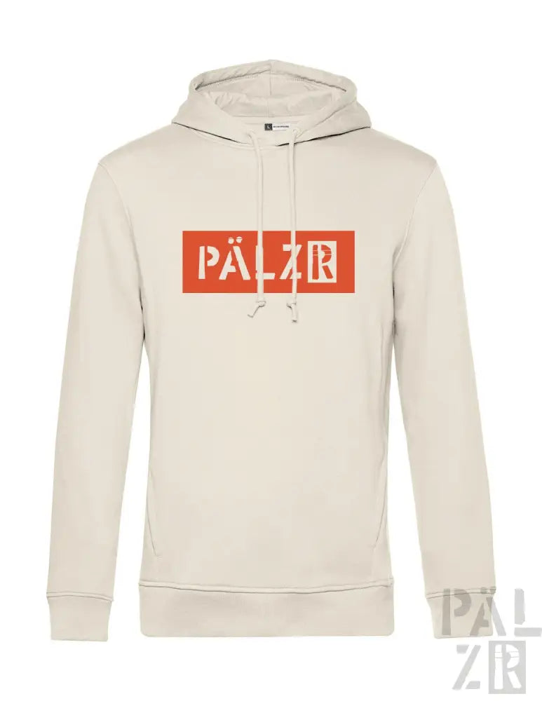 Creme-farbene Hoodie mit rot-weißem „pälzr“-Logo-Design, aus weichem Baumwollmaterial.