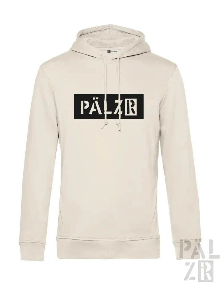 Creme-farbene Hoodie mit schwarzem ’pälzr’-Logo-Design auf der Vorderseite.