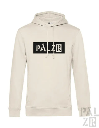 Creme-farbene Hoodie mit schwarzem ’pälzr’-Logo-Design auf der Vorderseite.