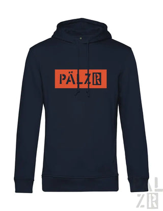 Marineblaue Kapuzenjacke mit ’pälzr’-Logo in Orange und Weiß, mit einem Box-Design.