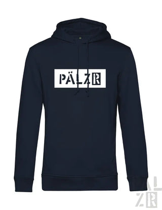 Marineblaue Kapuzenjacke mit ’pälzr’ Grafikdesign, aus weichem Baumwollmaterial gefertigt.